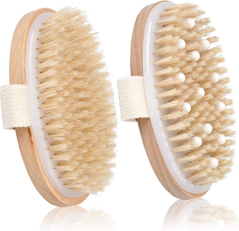 Bealihelp 2 Pack Dry Brushing Body Brush, Natural Bristle Exfoliating Brush with Massage Nodes, for Lymphatic Drainage and Improving Skin Health and Reduces Acne - Image 1